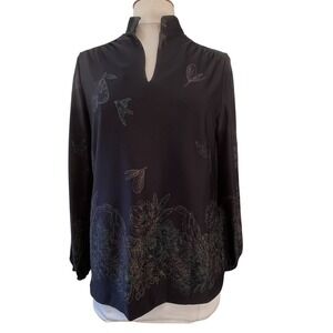 Lady Blair Women Black Floral Bird Blouse Large 80s Retro Dark Cottage Boho Chic
